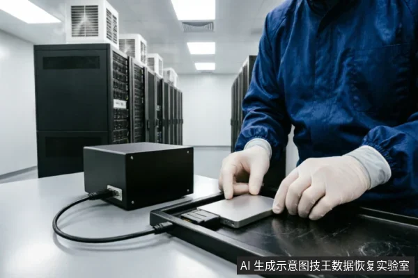 身穿蓝色防尘服并佩戴手套的技术人员,在洁净室背景的服务器机房内,将一块硬盘放入黑色检测托盘。旁边连接着专业硬件设备,展示了在受控微尘环境中对存储介质进行物理检查的场景。