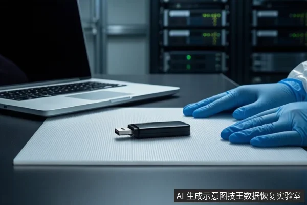 白色防静电工作台上平放一个黑色U盘,左侧有一台打开的银色笔记本电脑,右侧一双戴蓝色手套的手平放在桌面上。背景为模糊的服务器机柜。