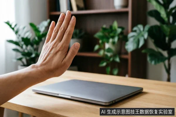 一只手掌在闭合的笔记本电脑前做出明显的停止手势,示意拒绝操作或暂停。背景为模糊的室内书架与绿植,桌面整洁,无其他存储设备或连接线缆,强调“不作为”与物理隔离的概念。