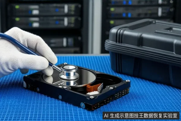 蓝色防静电垫上平放一块打开外壳的机械硬盘,可见盘片与磁头组件。左侧一双戴白色手套的手正握持一把蓝色柄的精密螺丝刀,将其尖端接触硬盘主轴电机上方。右侧放置一个闭合的黑色防震箱,背景为模糊的服务器机柜。