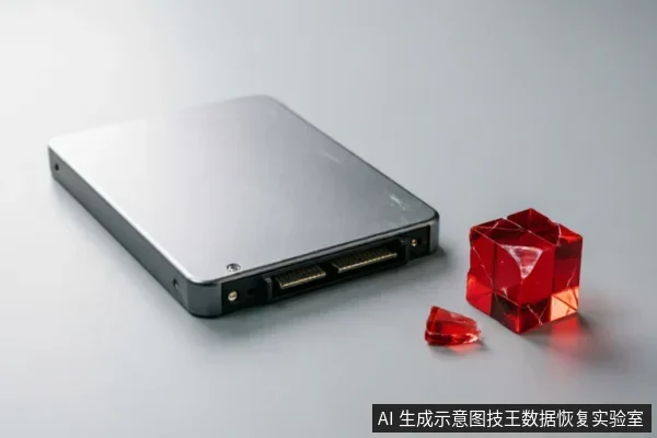 一张银色机械硬盘侧放在白色背景上,接口朝外。硬盘右侧放置着一个破碎的红色多面体晶体,象征存储介质受损或数据故障。画面通过实体硬件与破碎物体的组合,隐喻设备出现异响或掉盘等物理损坏状态。