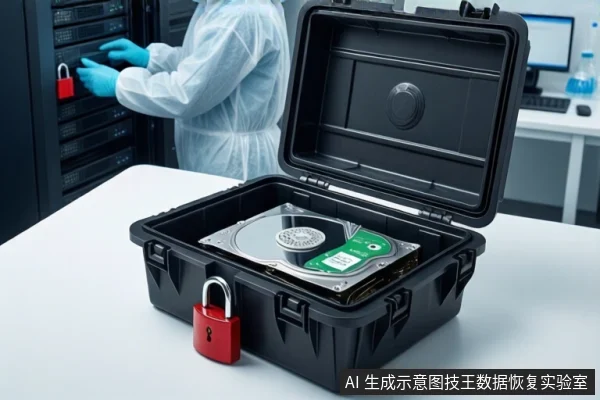 洁净室白色桌面上,前景黑色防震箱打开,箱内固定一块机械硬盘并挂有红色挂锁。背景中一名穿无尘服的技术人员正在操作服务器机柜。
