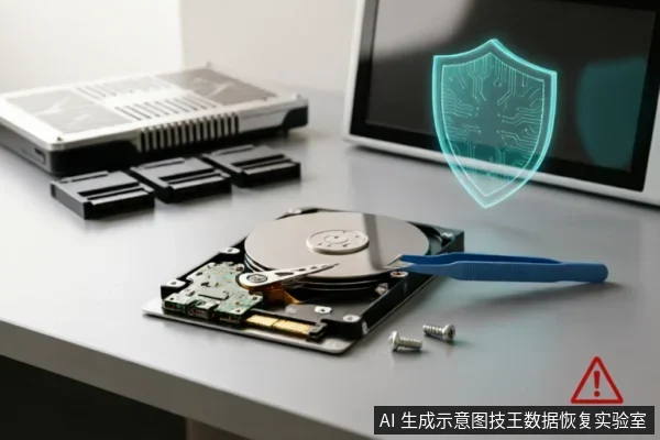 白色桌面上放置着一块已拆开外壳的机械硬盘，旁边散落着螺丝和一把蓝色镊子。背景有一台笔记本电脑屏幕显示发光的电路盾牌图标，右下角带有红色警告三角形标志，示意硬件拆解风险与数据保护主题。