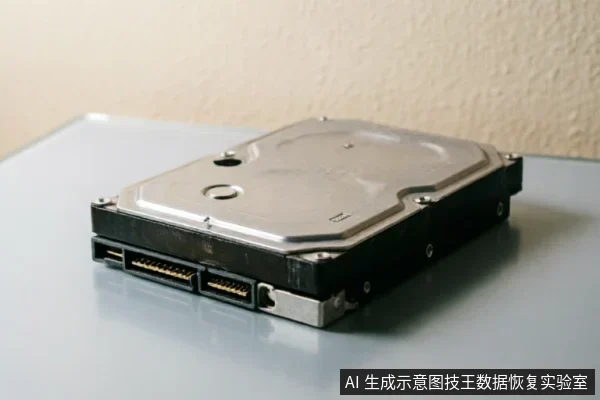 一张3.5英寸机械硬盘的侧面特写照片，清晰展示了金属顶盖、黑色底座以及SATA数据接口和电源接口的物理结构，放置于光滑平面上。