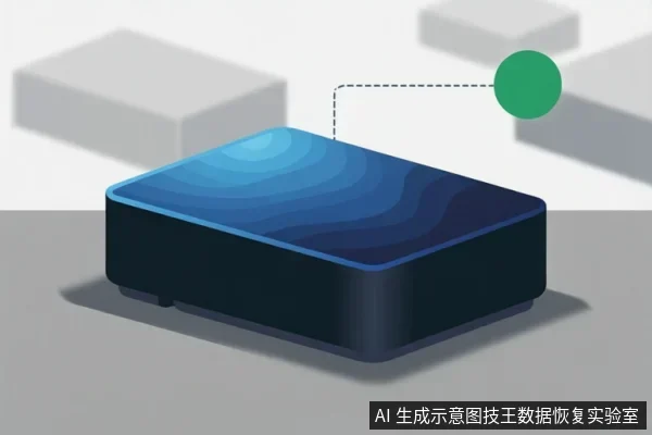 灰色桌面上放置一个蓝色顶面的矩形存储设备,右上方有一个绿色圆点,虚线指向设备表面,示意信号或状态。