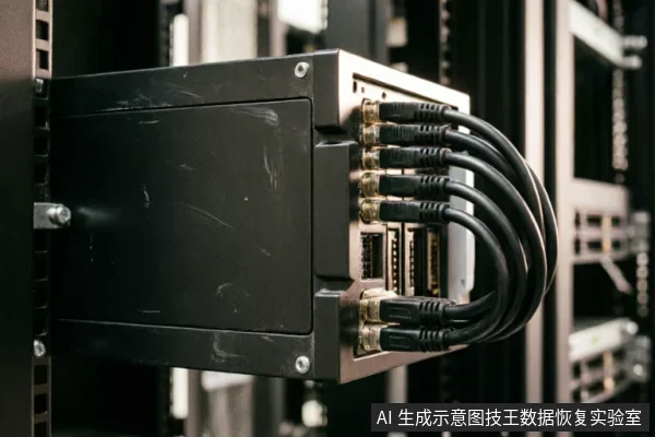特写展示安装在机架上的黑色网络存储设备,侧面多个SAS或光纤接口已连接多根黑色数据线,线缆呈弧形整齐排列,背景为模糊的服务器机柜环境。