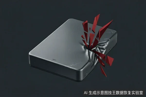 图中展示了一个遭受剧烈撞击的银灰色移动硬盘,外壳一角出现严重凹陷变形,并伴有红色尖锐碎片向外炸裂,直观呈现了物理磕碰导致的硬件损伤与结构破坏。