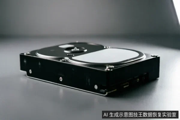 一台黑色机械硬盘静置于灰色平滑桌面上,呈侧俯视角度。画面清晰展示了硬盘顶部的金属盘盖、中心轴孔以及侧面的SATA数据与电源接口,无其他连接线缆或设备背景。