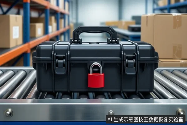 仓库物流辊筒输送带上,放置一个闭合的黑色防震箱,箱体正面挂着一把红色挂锁。背景为模糊的货架和纸箱。