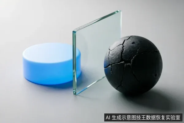 画面展示了一个蓝色圆柱体、一块竖立的透明玻璃板和一个表面布满裂纹的黑色球体。三者呈线性排列,玻璃板将完好的蓝色物体与破损的黑色球体隔开,形成鲜明对比。