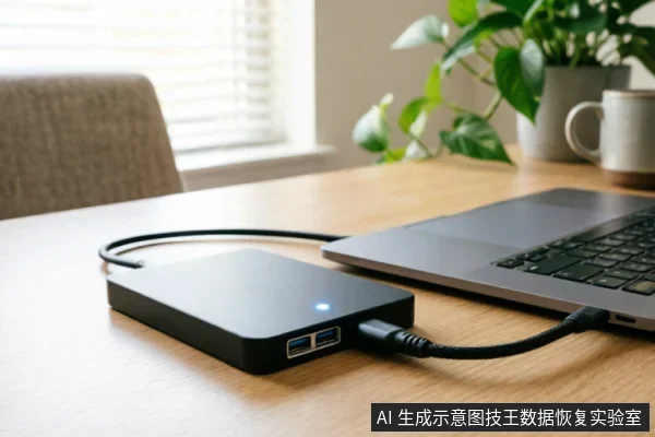 木质桌面上，一台银灰色笔记本电脑通过黑色编织数据线连接着一个黑色的外接硬盘盒。硬盘盒侧面亮着蓝色指示灯，并可见两个USB接口，背景中有绿植和马克杯，展示了数据恢复前的外部硬件连接与供电检查场景。