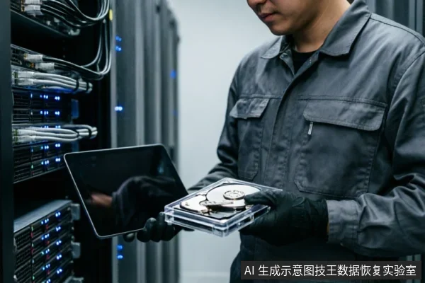 一名身穿灰色工装、佩戴黑色防静电手套的技术人员,在服务器机房背景下,一手托着装有机械硬盘的透明防静电盒,另一手持平板电脑进行查看。