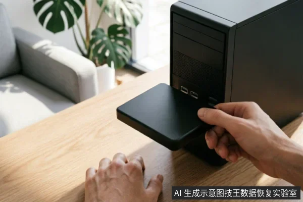 画面展示了一只手正将一块黑色移动硬盘插入台式电脑机箱前置USB接口的特写。另一只手按在浅色木纹桌面上,背景可见灰色沙发和绿植,模拟了家庭或办公环境下的设备物理连接排查场景。