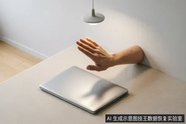 画面展示了一只手从墙壁中伸出,悬停在一台闭合的银色笔记本电脑上方,电脑放置在浅色桌面上,头顶有一盏吊灯照明。