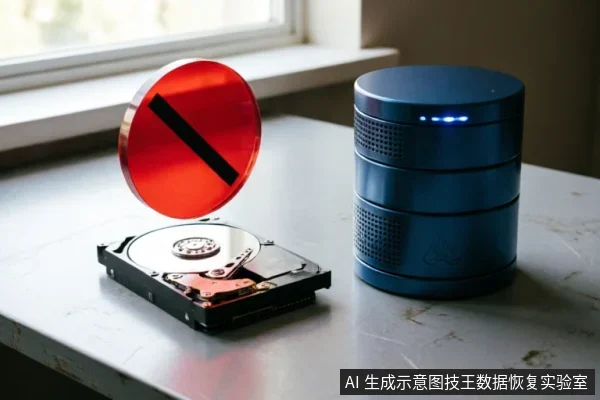 一张打开外壳的机械硬盘放置在桌面上,上方悬浮着一个红色的禁止通行标志,旁边立着一个蓝色的圆柱形数据存储设备。画面通过禁止符号直观传达了对故障硬盘停止通电和操作警示的含义。
