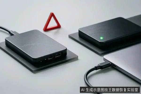 图中展示了两块黑色外置移动硬盘放置在底座上,其中右侧硬盘亮着绿色指示灯,左侧硬盘侧面可见USB接口。右下角有一根数据线连接至笔记本电脑,背景中有一个红色三角形装饰物,整体呈现设备连接与检测场景。
