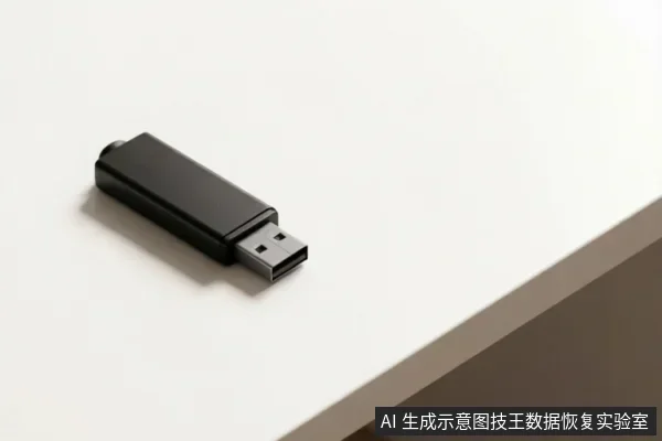 一个黑色的USB闪存盘静置在白色光滑的桌面上,金属接口裸露在外,背景简洁干净,无任何连接操作或文字标识。