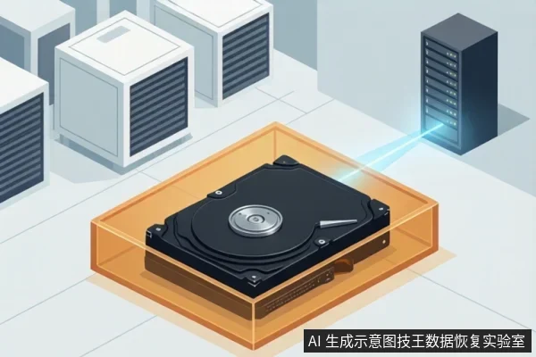 画面中央为橙色透明容器内的黑色硬盘,右侧有黑色机架设备向硬盘发出蓝色光束,背景为多个白色箱体设备。