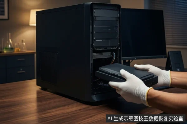 木质桌面上,戴白手套的双手正将一个黑色硬盘盒插入一台黑色塔式主机的内部硬盘位,背景有一台黑色显示器和台灯。