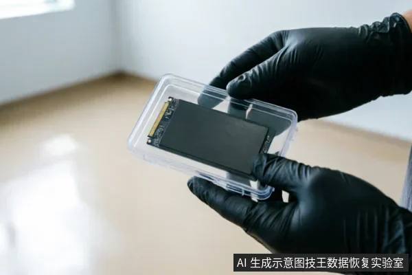 一双戴着黑色防静电手套的手正托举着一个透明塑料保护盒,盒内装有一块M.2接口的固态硬盘。画面聚焦于对故障硬盘的物理隔离与防护展示,体现了数据恢复过程中对硬件介质的谨慎处理与只读备份前的准备状态。
