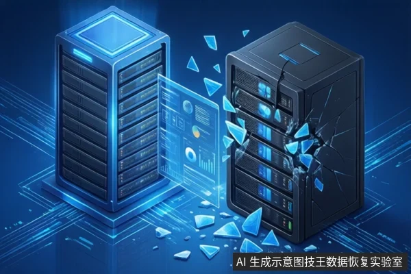 蓝色科技背景中,左侧为发蓝光的立式存储塔,右侧为表面布满裂纹的黑色存储设备,中间透明屏障碎裂并散落蓝色几何碎片。