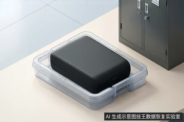 浅色桌面上放置一个透明塑料收纳盒,盒内有一个黑色矩形设备,右侧背景为灰色金属柜。