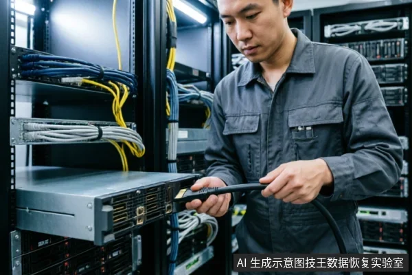 一名身穿灰色工装的技术人员在服务器机房内,正手持黑色线缆准备连接机架式服务器设备。背景可见整齐排列的机柜及蓝黄配色的理线,展示了数据中心环境下的物理链路检查与硬件维护场景。