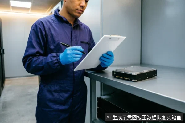 一名身穿深蓝色防静电工作服、佩戴蓝色手套的技术人员，正手持写字板和笔记录数据。旁边的金属工作台上放置着一块裸露的机械硬盘，背景为服务器机房环境，展示了专业设备检测与状态记录的场景。