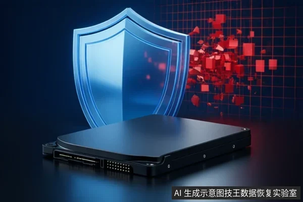 画面前景为一块黑色固态硬盘，背景有蓝色盾牌图标和红色碎片，象征数据保护与故障风险。