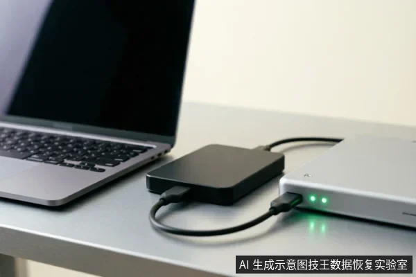 银色笔记本电脑通过数据线连接黑色转接盒，并进一步连接至带有绿色指示灯的银色移动硬盘，展示了数据恢复前检查物理连接与设备供电状态的桌面场景。