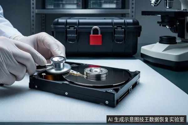 白色桌面上,一双戴白手套的手持银色听诊器贴向打开外壳的机械硬盘盘片。右侧放置显微镜,后方黑色防震箱上挂着红色挂锁,背景为模糊的服务器机柜。