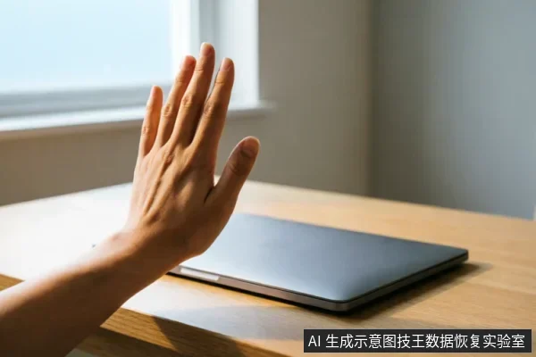 一只手掌在闭合的笔记本电脑前做出停止手势,示意立即停止操作。背景为木质桌面和窗户,光线明亮,强调在设备故障时保持静止、禁止通电或读写以保护数据的紧急处置原则。