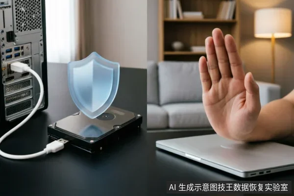 左侧展示连接在台式机上的机械硬盘,上方悬浮蓝色盾牌图标象征数据保护;右侧展示一只手在笔记本电脑前做出停止手势。画面直观表达了数据恢复中“只读不写”、禁止随意操作及保持设备现状的止损原则。