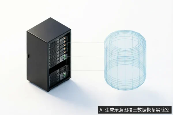 画面左侧为一个黑色服务器机柜,内部可见多层硬盘驱动器;右侧为一个蓝色线框圆柱体。两者之间有细线连接,示意物理存储硬件与数据逻辑结构之间的映射关系。