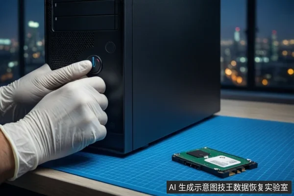 蓝色防静电垫上,左侧竖立一台黑色塔式主机,前景一双戴白手套的手正按压主机正面电源按钮。右侧平放一块闭合的固态硬盘,背景为模糊的城市夜景。
