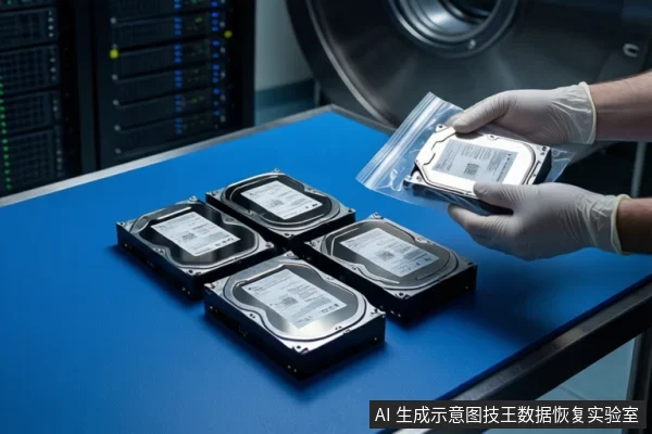 蓝色防静电垫上平放四块机械硬盘,右侧一双戴白色手套的手正握持一个装有机械硬盘的透明自封袋,背景为模糊的服务器机柜和圆形设备。