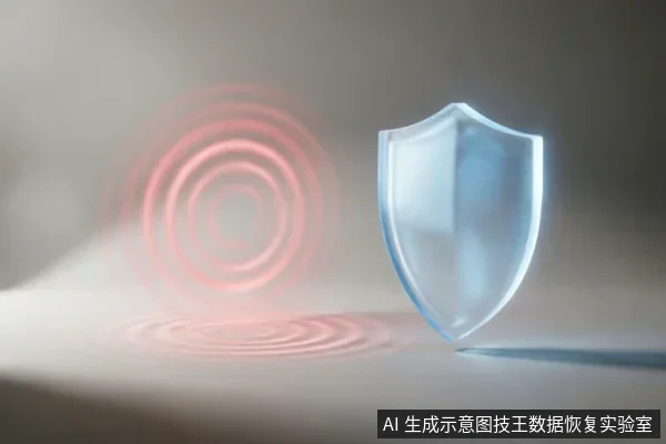 画面展示了一个发光的半透明蓝色盾牌,矗立在平面上,阻挡了左侧发出的红色同心圆波纹信号。该图像通过视觉隐喻,象征着对原始存储介质的保护、防御数据覆盖或拦截风险操作。