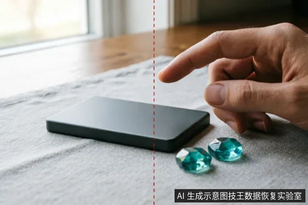 一只手指悬停在黑色移动硬盘上方,旁边放置着两颗蓝绿色宝石,设备静置于灰色织物表面。画面通过虚线分割,示意在数据恢复过程中对存储介质保持静止、禁止触碰或操作的状态。
