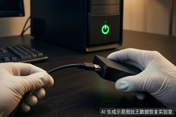 深色桌面上，前景一双戴白手套的手持黑色外接硬盘盒，另一只手握着USB数据线准备插入。背景有一台亮着绿色电源按钮的黑色塔式主机和键盘。