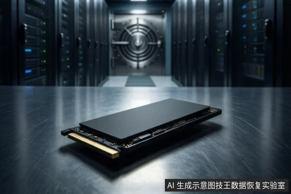 数据中心机房走廊前景的金属台面上,放置着一块黑色M.2固态硬盘卡条,背景为服务器机柜和圆形金属门。