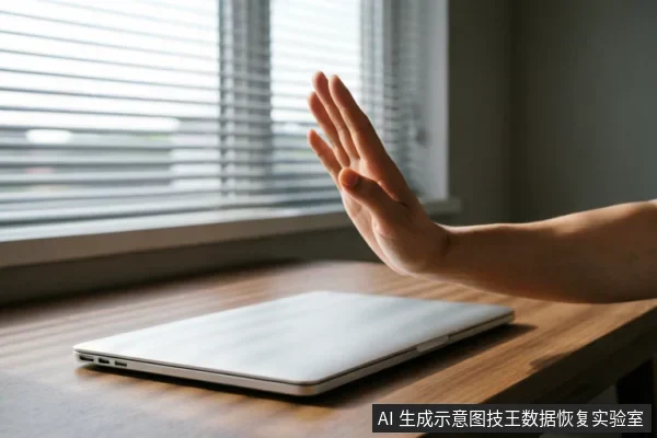 一只手臂从右侧伸出,手掌张开做出停止的手势,悬停在木质桌面上闭合的银色笔记本电脑上方。背景为带有百叶窗的窗户,光线柔和,示意在操作电脑时暂停或拒绝执行某项指令。