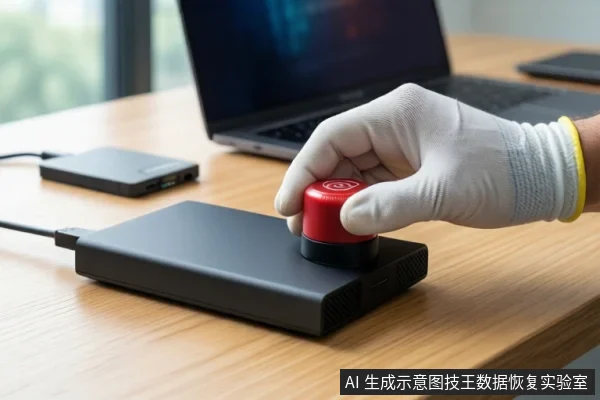 木质桌面上，一只戴白色手套的手正按压一个安装在黑色移动硬盘上的红色紧急停止按钮，背景有一台笔记本电脑。
