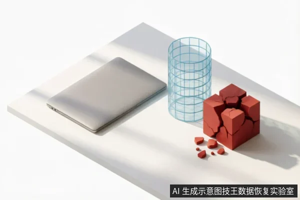 白色桌面上放置着一台闭合的银色笔记本电脑，旁边是一个蓝色的线框圆柱体和一个正在碎裂崩解的红色立方体块。画面通过物体破碎的视觉隐喻，象征硬件层面的物理损坏或介质故障，与远程逻辑恢复形成对比。
