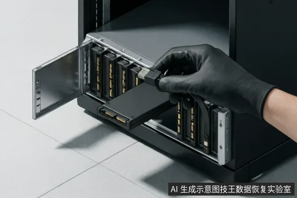 一只戴着黑色防静电手套的手正将一块硬盘托架插入黑色的多盘位存储设备中。画面展示了专业数据恢复或服务器维护环境下的硬件操作细节,主体清晰,无多余文字。