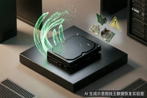 黑色移动硬盘置于底座上,上方浮现绿色波浪状数据流特效。右侧悬浮着烧毁的电路板碎片及黄色警告标志,背景可见服务器机柜,象征硬件物理故障或电路损坏导致的数据风险。