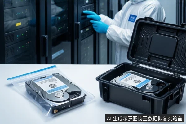 白色桌面上,左侧透明防静电袋内平放一块机械硬盘,右侧打开的黑色防震箱内固定另一块机械硬盘。背景中一名穿白色无尘服、戴蓝色手套的技术人员正操作服务器机柜。