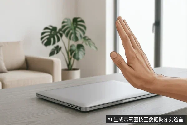 一只手掌在闭合的笔记本电脑前做出明显的“停止”手势,示意禁止操作。背景为居家办公环境,包含沙发和绿植。画面通过肢体语言传达在电脑故障时立即停止通电或操作的紧急警示。