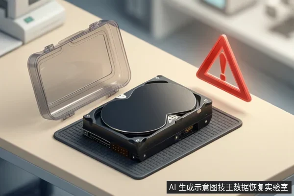 桌面上放置一块打开顶盖的硬盘,旁边有透明保护盒盖和红色警告三角标志,背景为模糊工作台。