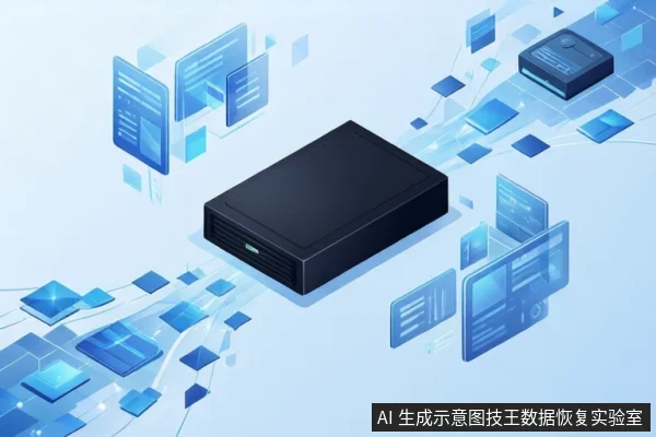 浅蓝色背景中悬浮一台黑色方形网络存储设备，周围环绕着发光的蓝色数据流、屏幕界面和几何碎片，呈现抽象的数据传输概念。