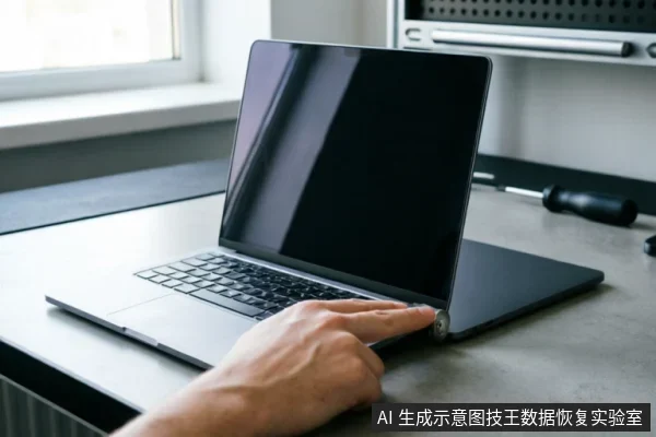 一只手指正按压笔记本电脑侧面的接口或按键,设备置于灰色工作台上,背景可见螺丝刀等维修工具。画面展示了专业数据恢复实验室中对故障设备进行物理检测与评估的场景。